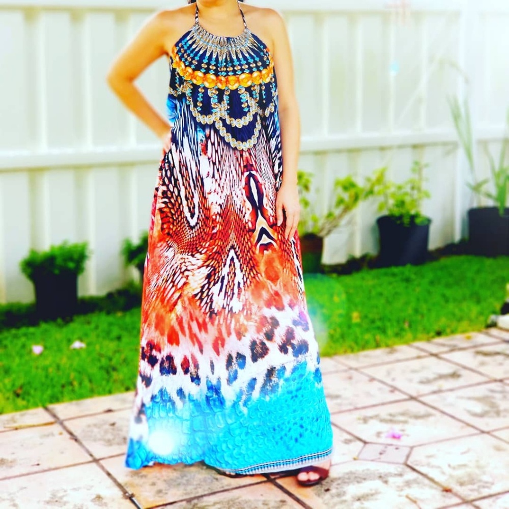 ONE SIZE EMBELLISHED TANZANIA NECKLACE MAXI DRESS